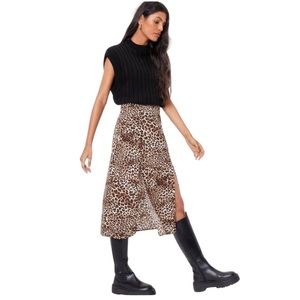 Nasty Gal Leopard Print Slit Midi Skirt Size 6